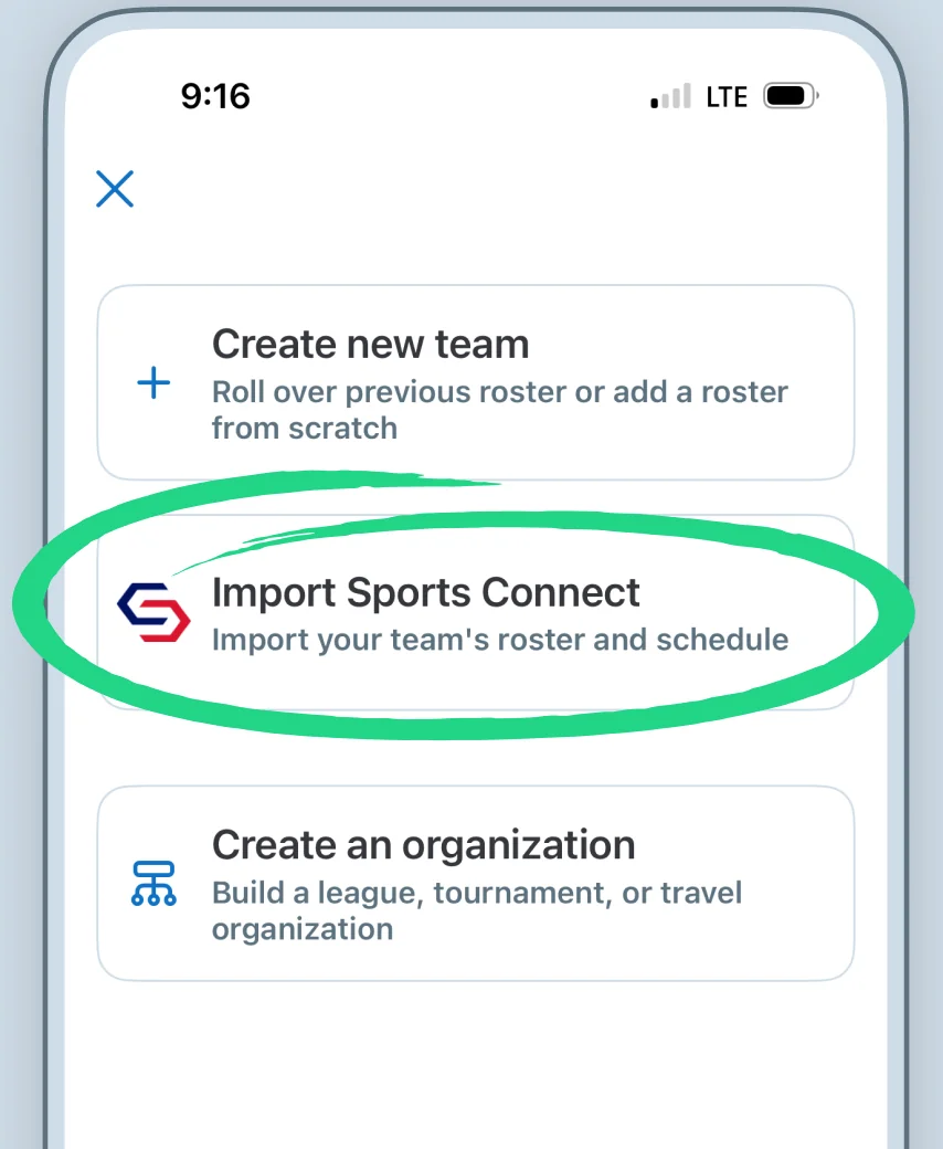 GameChanger app screen with the Import Sports Connect option circled